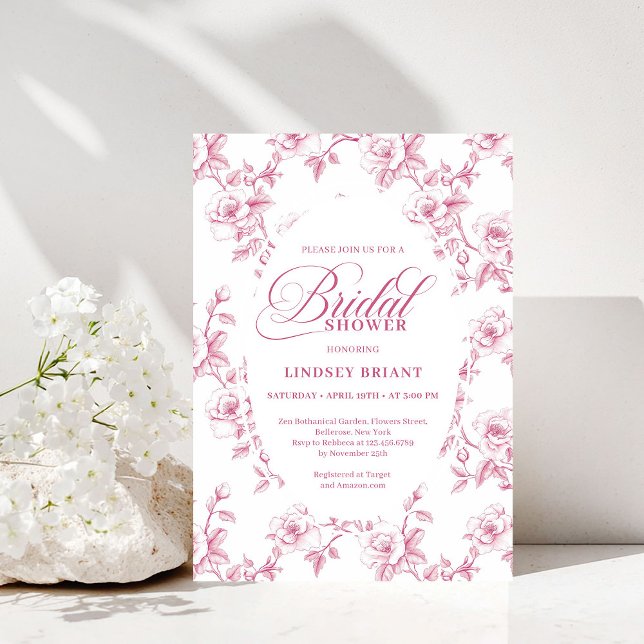 Romantic Blush Rose Pattern French Toile Bridal   Invitation (Romantic Blush Rose Pattern French Toile Bridal Shower)