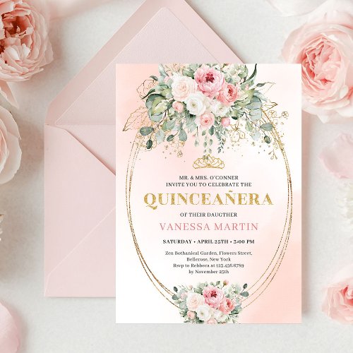 Romantic Blush Roses Bohemian Quinceañera Invite