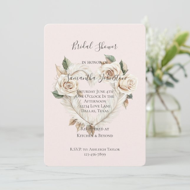Romantic Blush Roses Feathers Heart Bridal Shower Invitation (Standing Front)