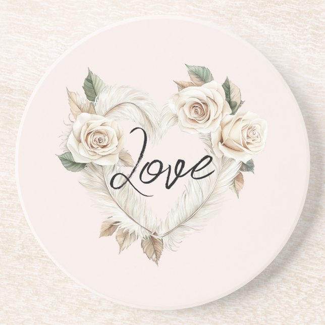 Romantic Blush Roses Feathers Heart Love Coaster (Front)