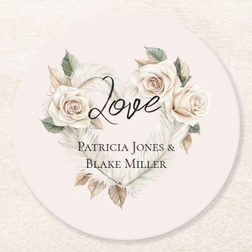 Romantic Blush Roses Feathers Heart Wedding