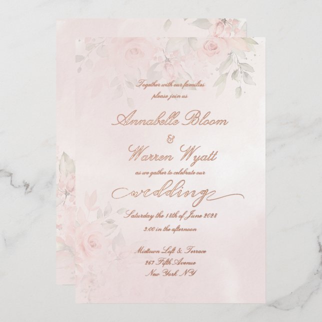 Romantic Blush Roses Garden 1 With Rose Gold Foil Invitation (Front/Back)