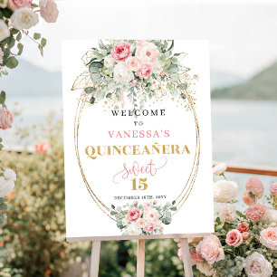 Romantic blush roses gold boho quinceañera welcome poster