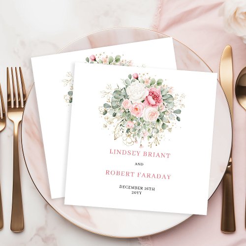 Romantic Blush Roses Greenery Wedding Napkins