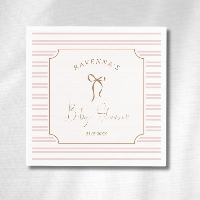 Romantic Blush Striped Gold Bow Frame Baby Shower Napkins (Creator Uploaded)
