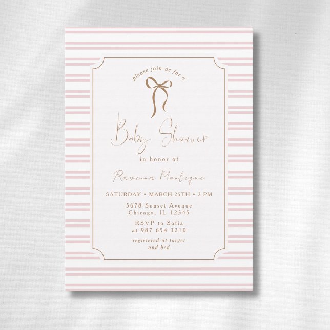 Romantic Blush Striped Gold Frame Bow Baby Shower Invitation (Creator Uploaded)