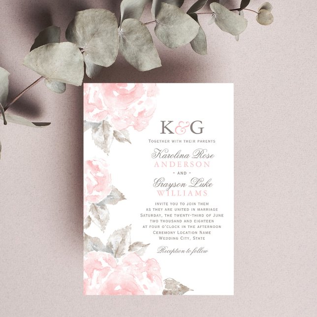 Romantic Blush Watercolor Monogram Wedding Invitation (Creator Uploaded)