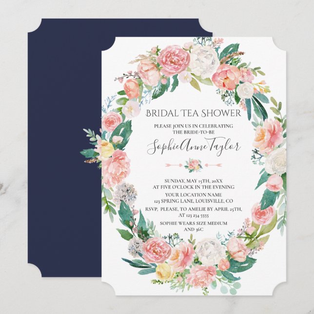 Romantic Blush White Floral Bridal Tea Shower Invitation (Front/Back)