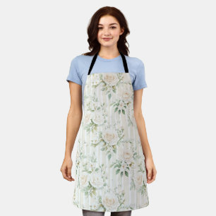 Romantic Blush White Roses Floral Stripes Apron