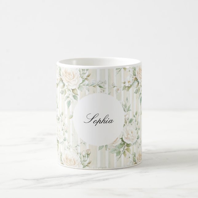 Romantic Blush White Roses Floral Stripes   Coffee Mug (Center)