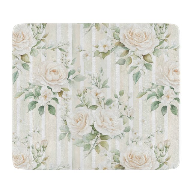 Romantic Blush White Roses Floral Stripes   Cutting Board (Front)