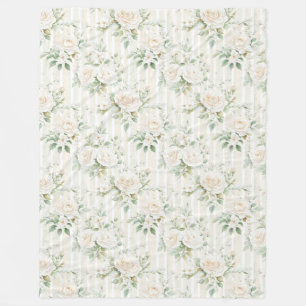 Romantic Blush White Roses Floral Stripes Fleece Blanket