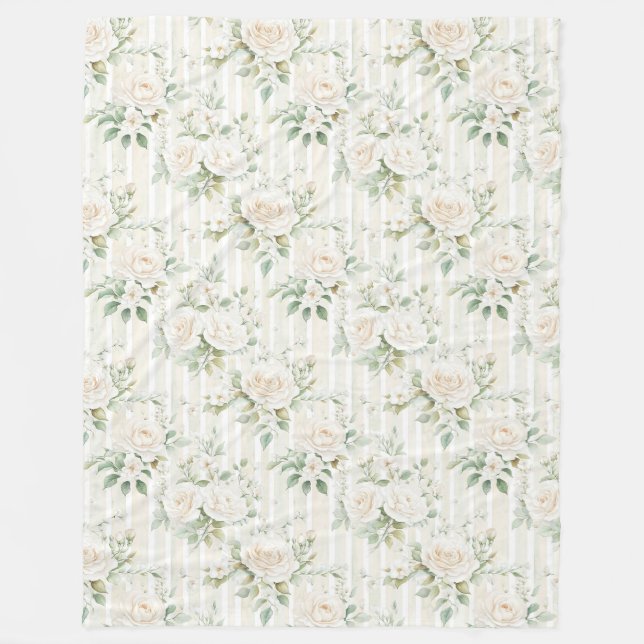 Romantic Blush White Roses Floral Stripes   Fleece Blanket (Front)