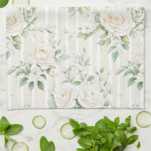 Romantic Blush White Roses Floral Stripes   Kitchen Towel