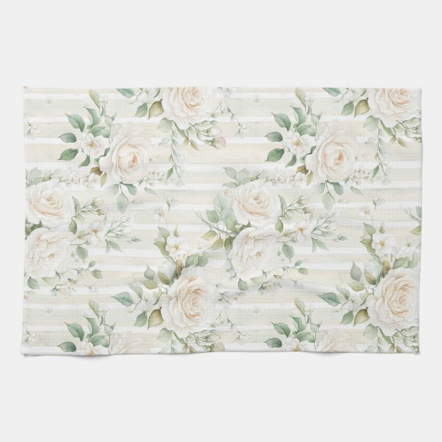 Romantic Blush White Roses Floral Stripes   Kitchen Towel (Horizontal)