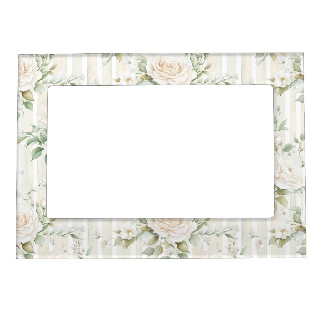 Romantic Blush White Roses Floral Stripes   Magnetic Frame (Front)
