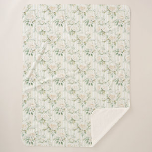 Romantic Blush White Roses Floral Stripes Sherpa Blanket