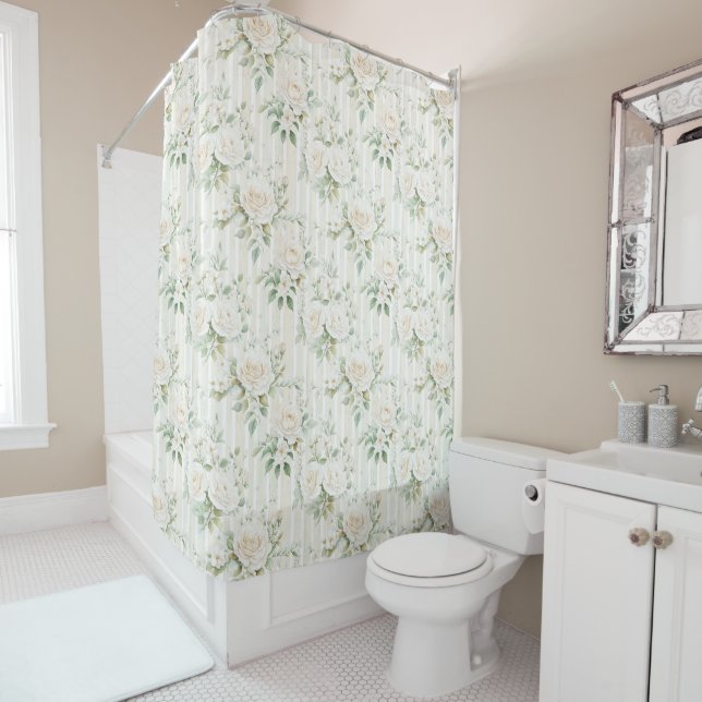 Romantic Blush White Roses Floral Stripes   Shower Curtain (In Situ)