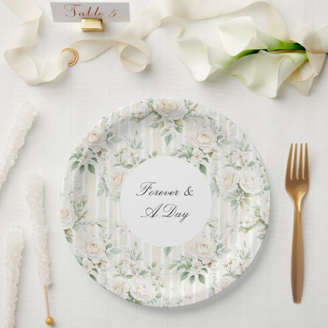 Romantic Blush White Roses Floral Stripes Wedding Paper Plates (Wedding)