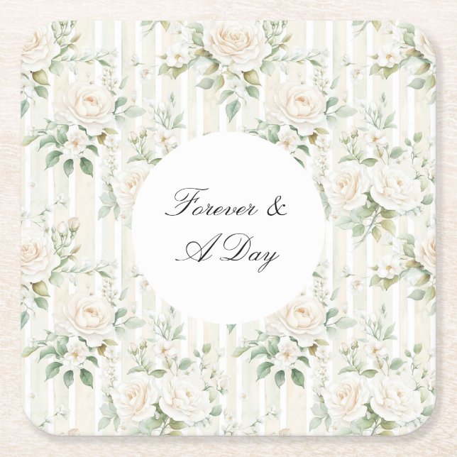 Romantic Blush White Roses Floral Stripes Wedding Square Paper Coaster (Front)