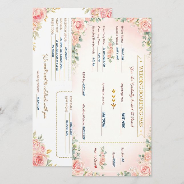 Romantic Boarding Pass Wedding Invite Customizable (Front/Back)
