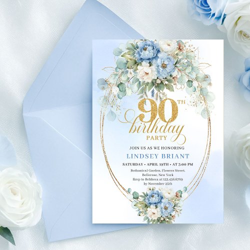 Romantic Bohemian Blue Floral 90th Birthday Invite