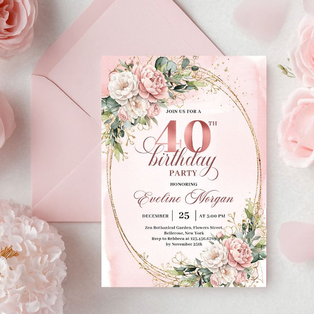 Romantic Bohemian Blush Floral Gold 40th Birthday Invitation (Romantic Bohemian Blush Floral 40th Birthday Invitation)