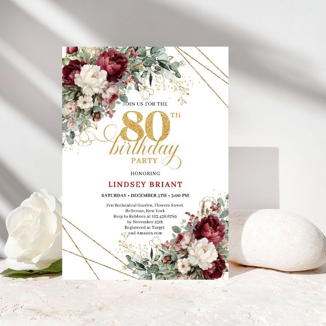 Romantic Bohemian Burgundy 80th Birthday Invitation (Romantic Bohemian Burgundy 80th Birthday)