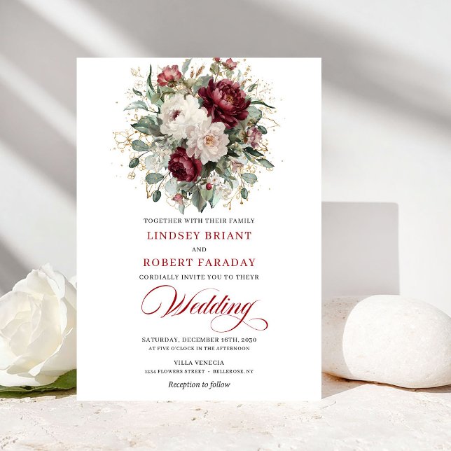 Romantic Bohemian Burgundy White Floral Wedding  Invitation (Romantic Bohemian Burgundy White Floral Wedding Invite)