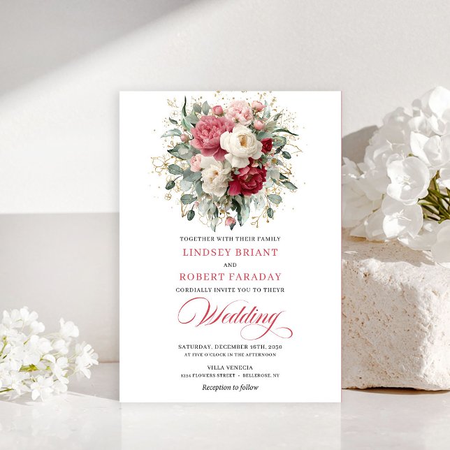 Romantic Bohemian Crimson Red White Gold Invites (Romantic Bohemian Crimson Red White Gold Invitation)