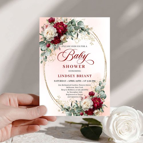 Romantic Bohemian Deep Red Floral Baby Shower