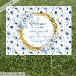 Romantic bohemian dusty blue gold wedding welcome sign