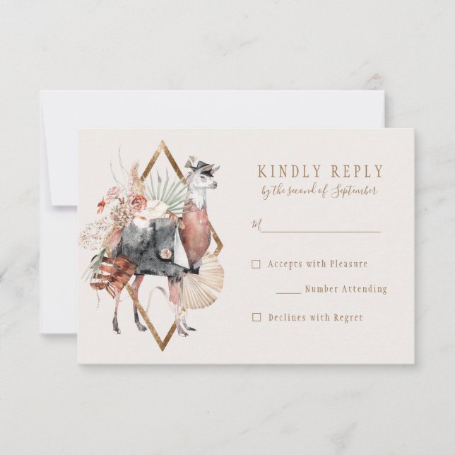 Romantic Bohemian Llama Wedding RSVP Reply Card (Front)