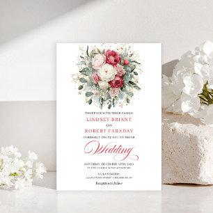 Romantic Bohemian Red White Greenery Gold Wedding Invitation