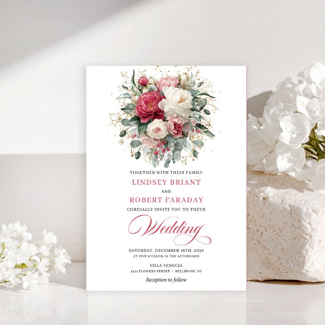 Romantic Bohemian Ruby Red White Greenery Invite (Romantic Bohemian Ruby Red White Greenery Invitation)