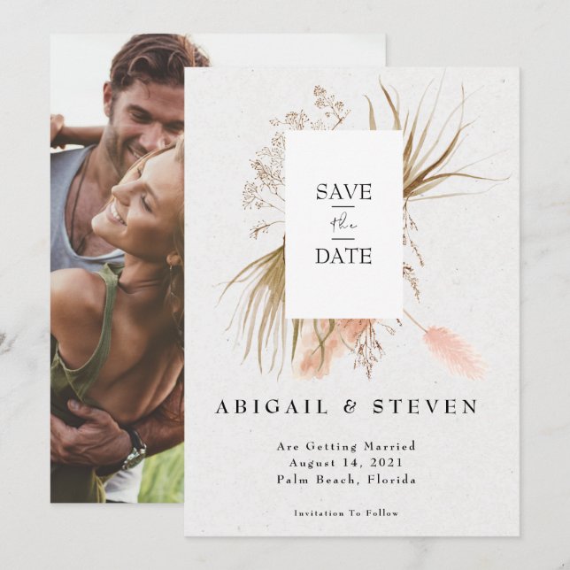 Romantic Bohemian w/Pampas Grass Photo Save The Date (Front/Back)