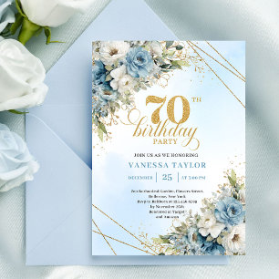 Romantic boho blue florals gold frame 70th birthda invitation
