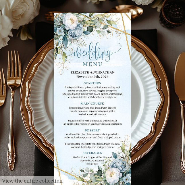 Romantic Boho Blue Peonies White Gold Dinner Menu (Romantic Blue Peonies White Gold Dinner Menu

)