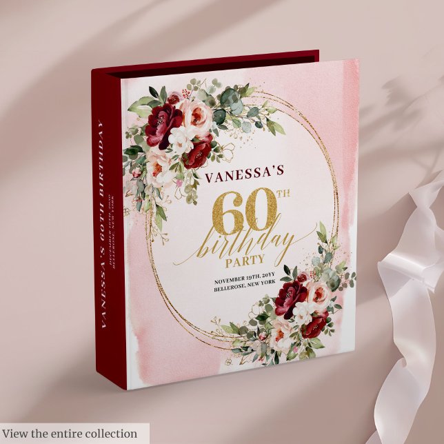 Romantic Boho Blush Floral 60th Birthday Memory  3 Ring Binder (Romantic Boho Blush Floral 60th Birthday Memory Album

)