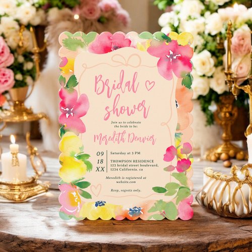 Romantic boho bold pink floral bow bridal shower invitation