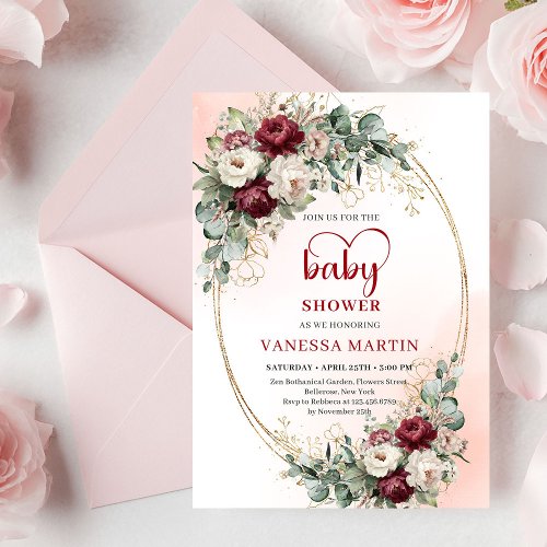 Romantic Boho Burgundy Eucalyptus Gold Baby Shower