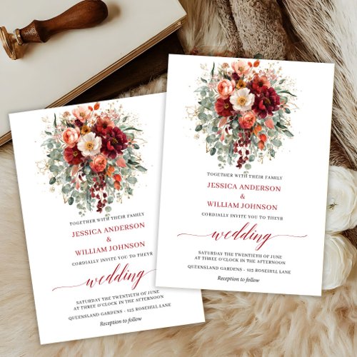 Romantic Boho Burgundy Flowers Autumn Wedding Invitation