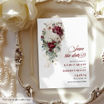 Romantic Boho Burgundy White Save The Date Card<br><div class="desc">✅ For matching items search 208W in my collections ✅ Celebrate your love with this boho watercolor wedding invitation, featuring burgundy and white roses accented with gold leaves. Designed in a luxurious palette of burgundy, marsala, maroon, deep red, blush, and gold, this invitation combines romantic elegance with boho charm, perfect...</div>