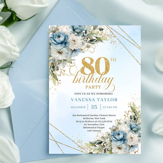 Romantic Boho Dusty Blue Floral Gold 80th Birthday Invitation (Romantic Dusty Blue Floral Gold 80th Birthday Invite XL

)