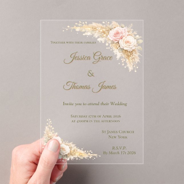 Romantic Boho Elegant Pink Autumn Rose  Acrylic Invitations (Insitu (Handheld))