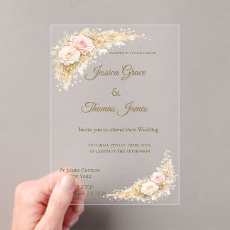 Romantic Boho Elegant Pink Autumn Rose Acrylic Invitations