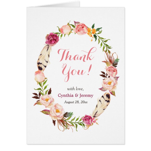 Romantic Boho Feather Floral Wreath Thank You Card