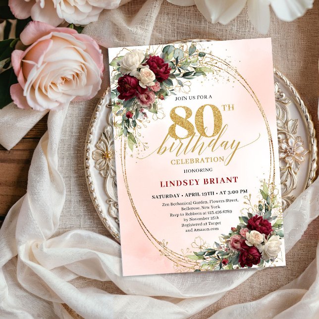 Romantic Boho Floral 80th Birthday Celebration  Invitation (Romantic Boho Floral 80th Birthday Celebration Invite)