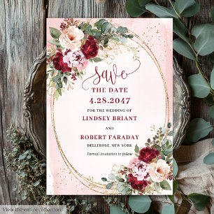 Romantic Boho Maroon Blush Gold Flowers Save Date Invitation