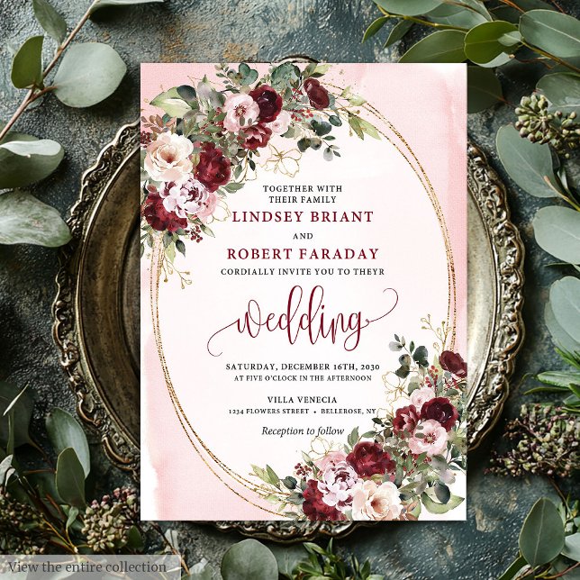 Romantic Boho Marsala Blush Gold Roses Wedding  Invitation (Romantic Boho Marsala Blush Gold Roses Wedding Invite

)